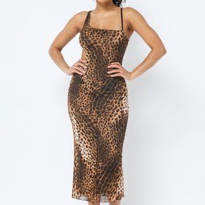 Women's Brown Leopard Animal Print Waist Side Cut Outs Midi Dress With Strap NWT